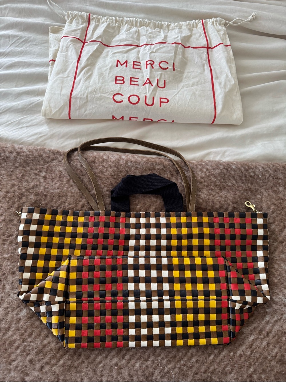 Clare V. Bateau Tote Harlequin Leather Woven Multicolor- Brown/Red/Yellow - Picture 2 of 3
